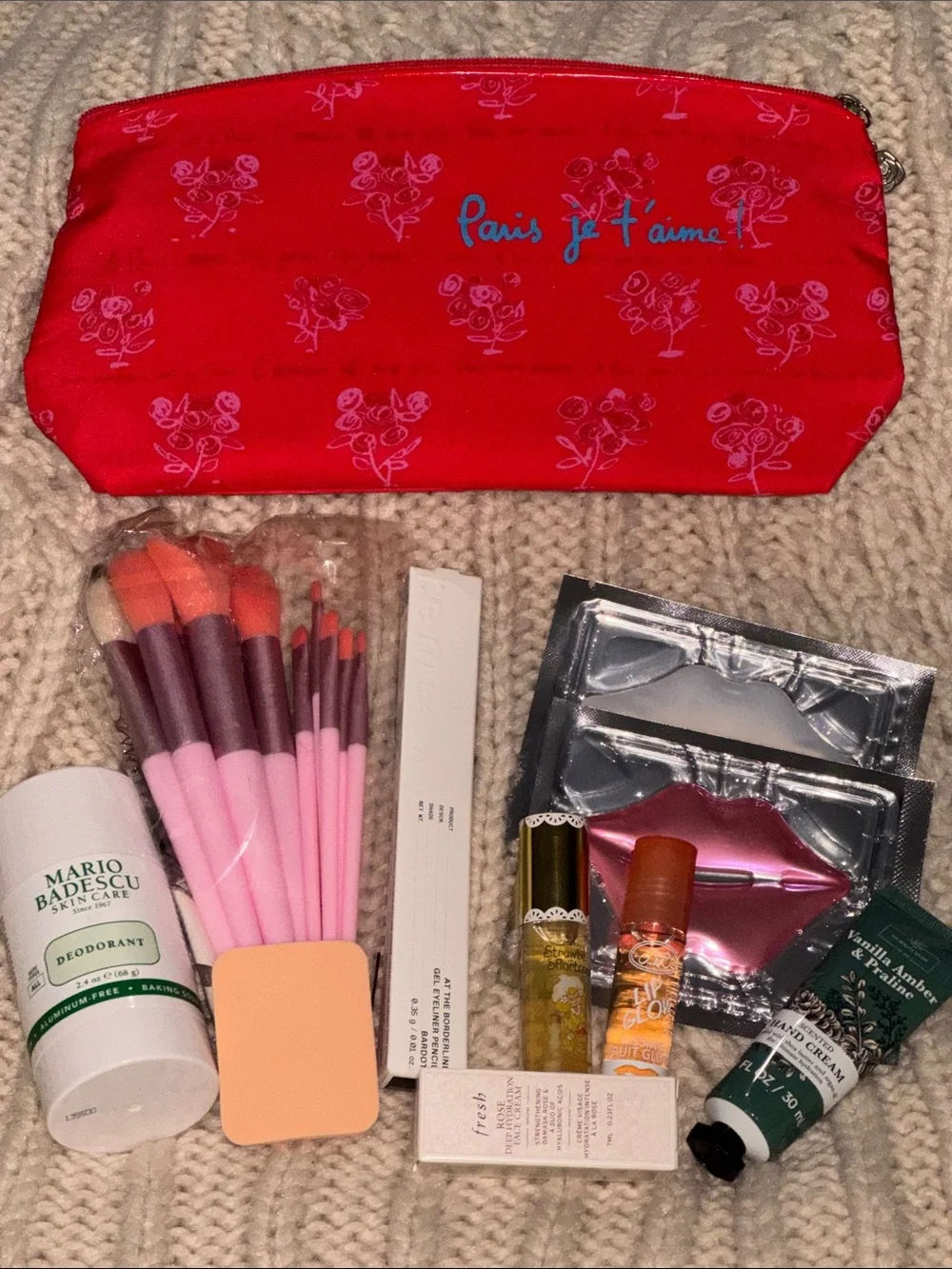 Mario Badescu Red Cosmetic Pouch with Pink and Coral-Tipped Brushes